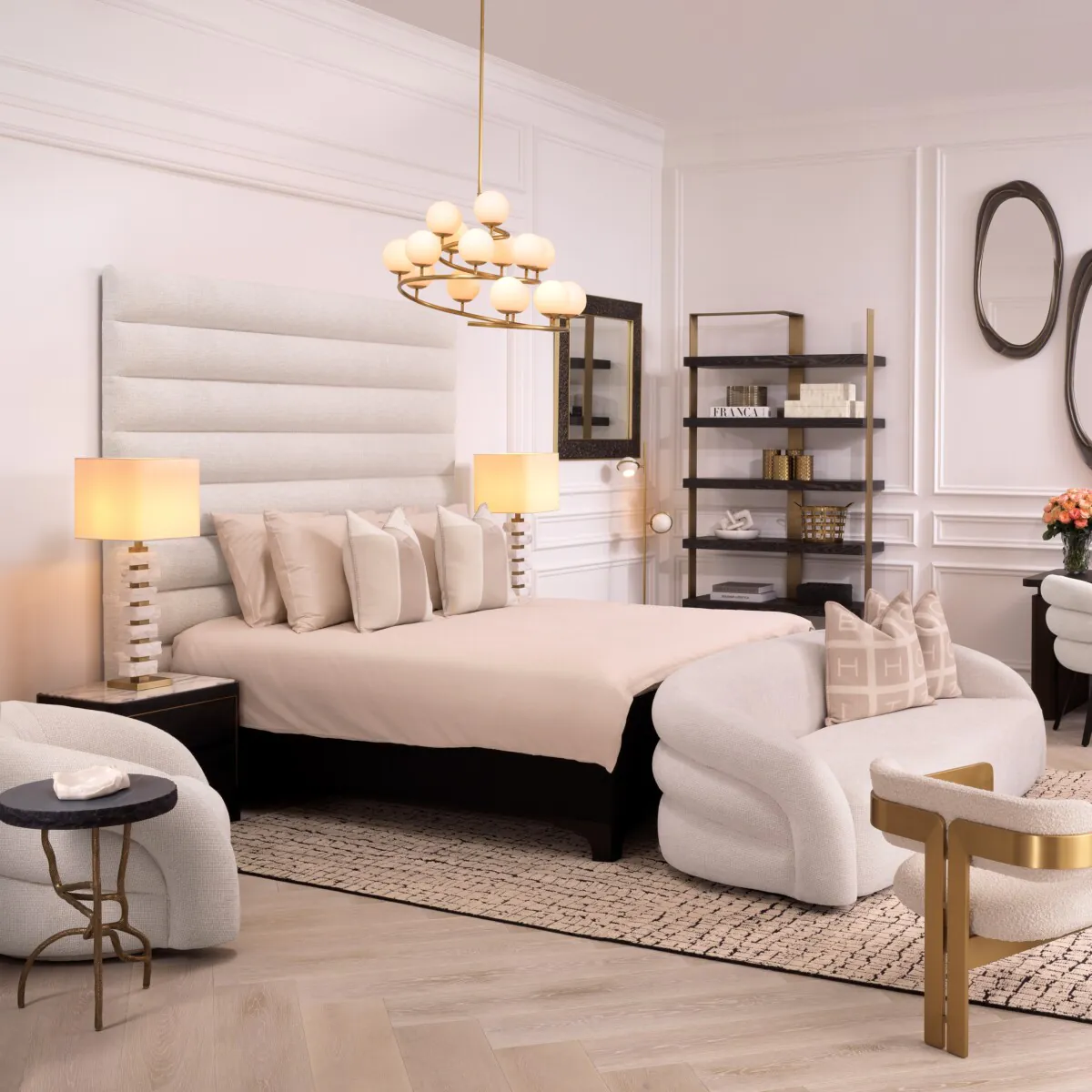 white eichholtz bed with little bench